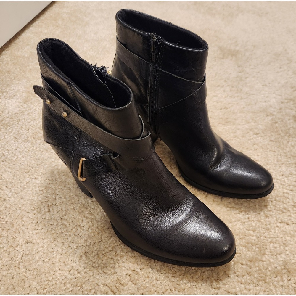 Born Concept Black Leather Ankle Boots Wrap Strap Gold Zip Block Heel Size 8